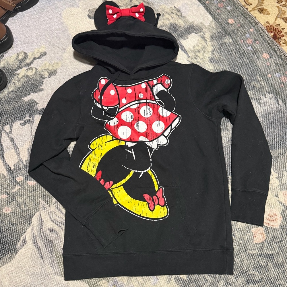 Disney Women’s Black Hoodie with Red & White Minnie Graphic and Yellow Accent